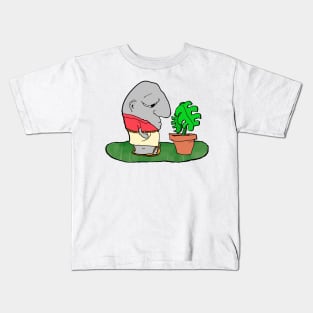 Lawn and Garden a funny cartoon of suburban life with a plant and a man with a big nose Kids T-Shirt